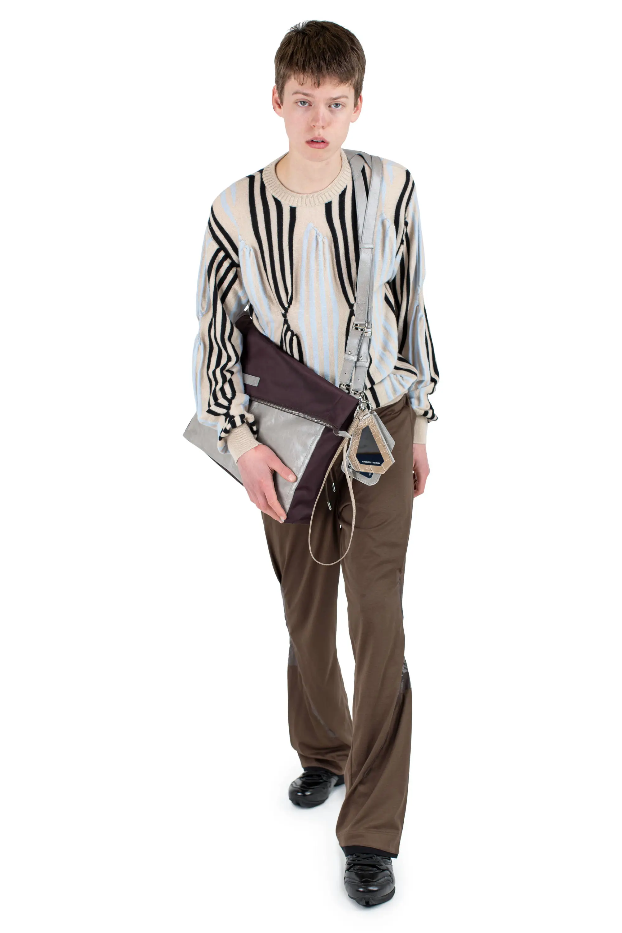 KIKO KOSTADINOV ALEC K-DART JERSEY TROUSER - BROWN / BLACK & GREEN STRIPES