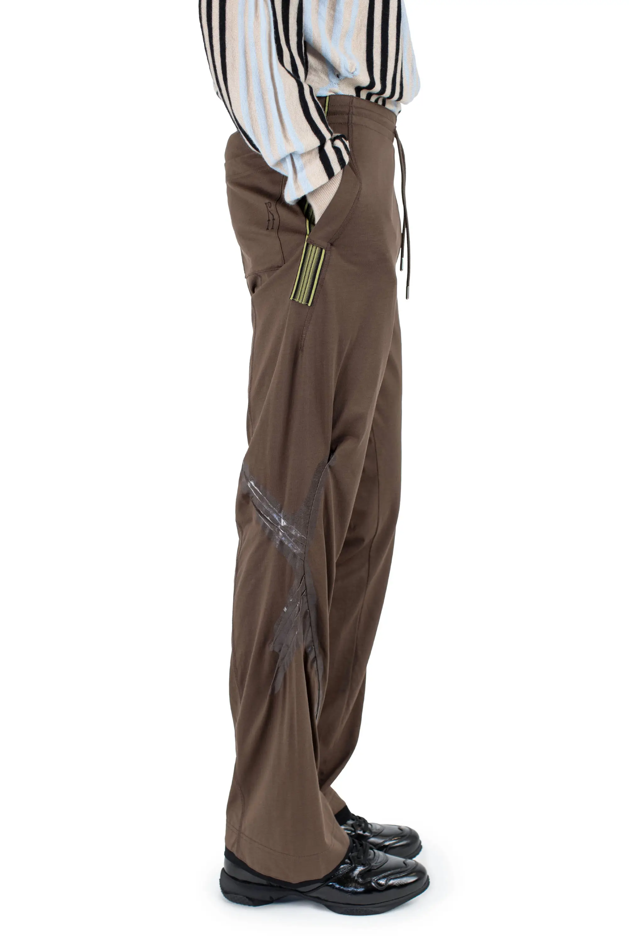 KIKO KOSTADINOV ALEC K-DART JERSEY TROUSER - BROWN / BLACK & GREEN STRIPES