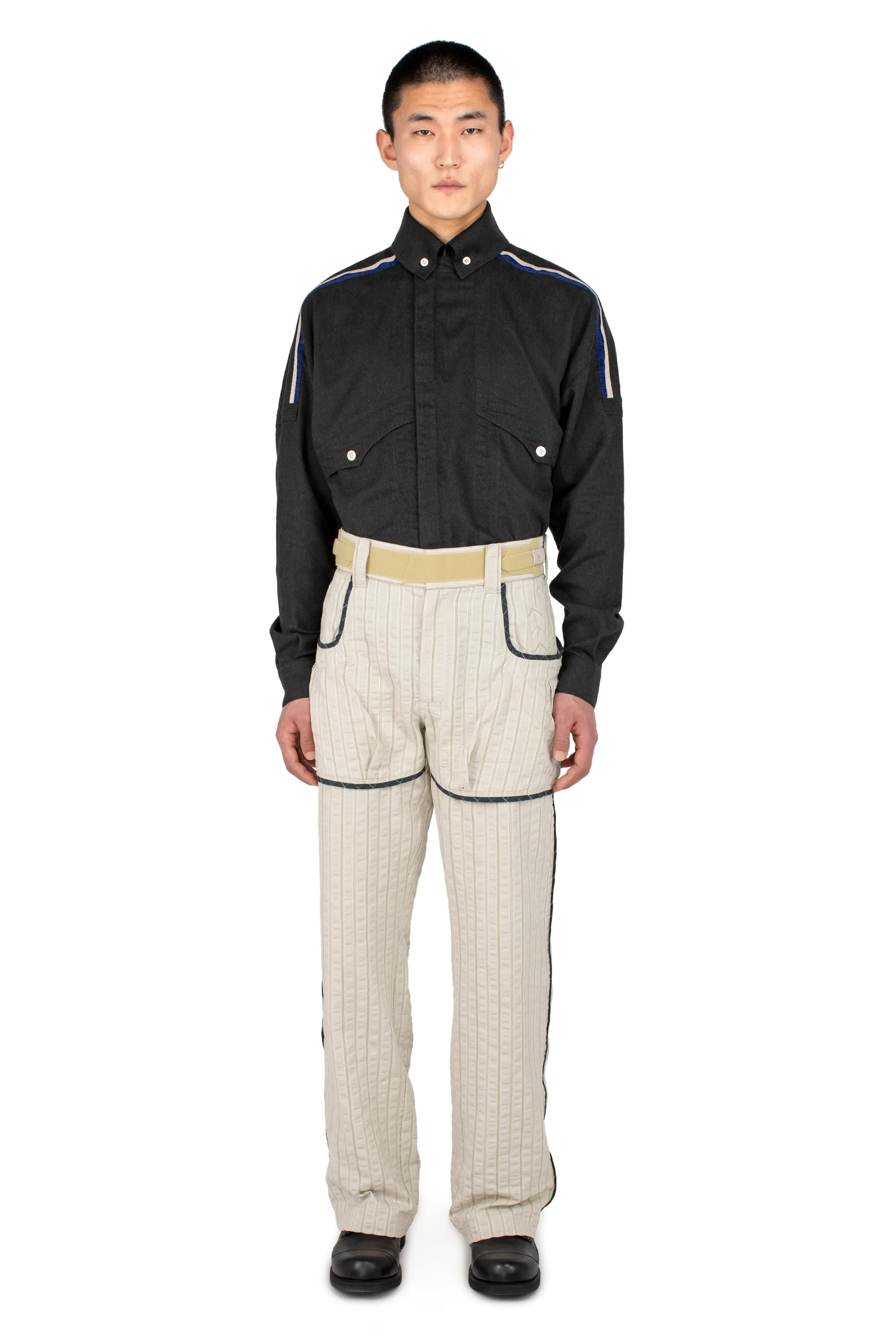 KIKO KOSTADINOV HARRER CARGO TROUSER - IVORY HUNTER STRIPE/FOREST CHECK