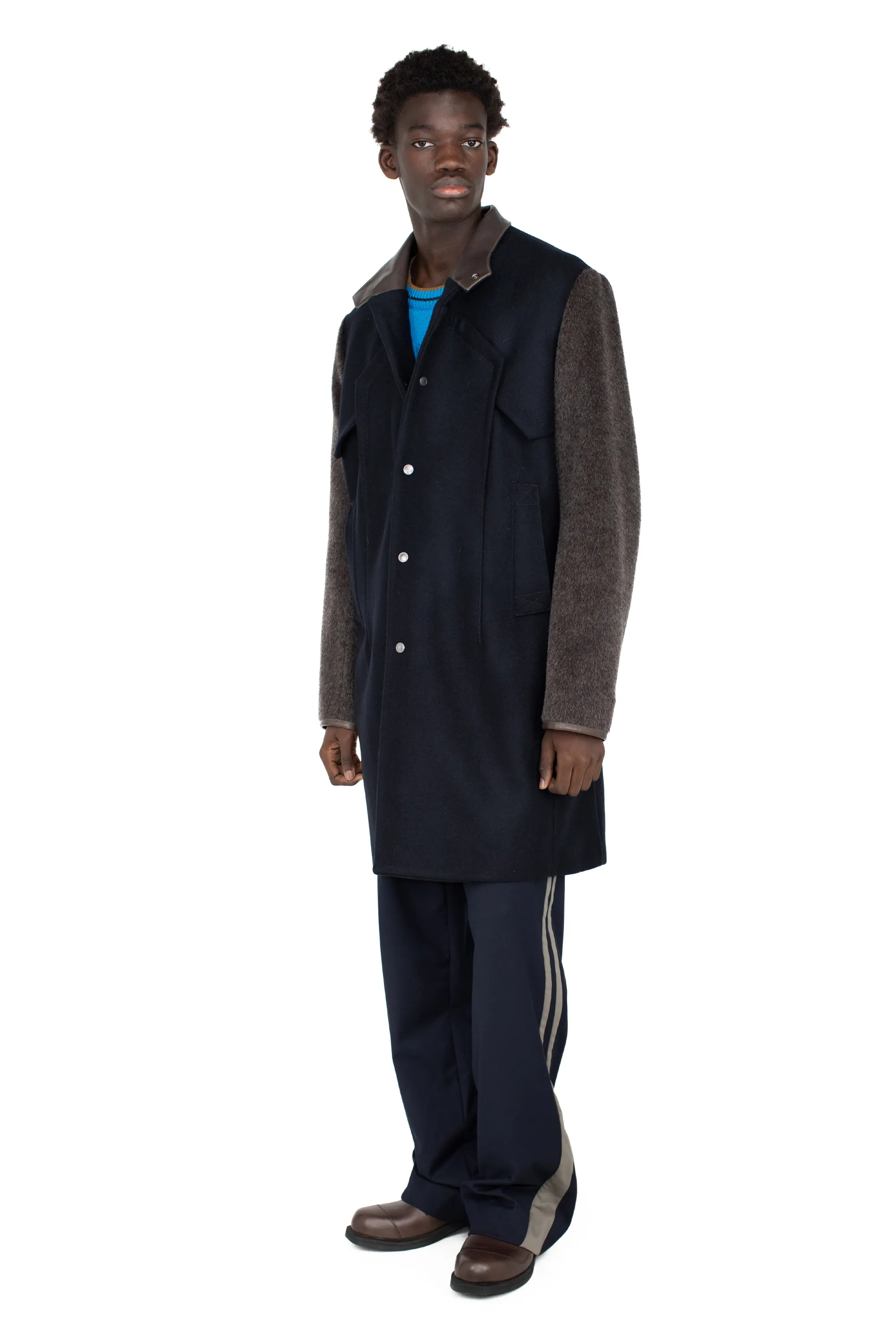 KIKO KOSTADINOV KRANER WOOL COAT - ROYAL BLUE/SMOKE GREY/WASHED BROWN