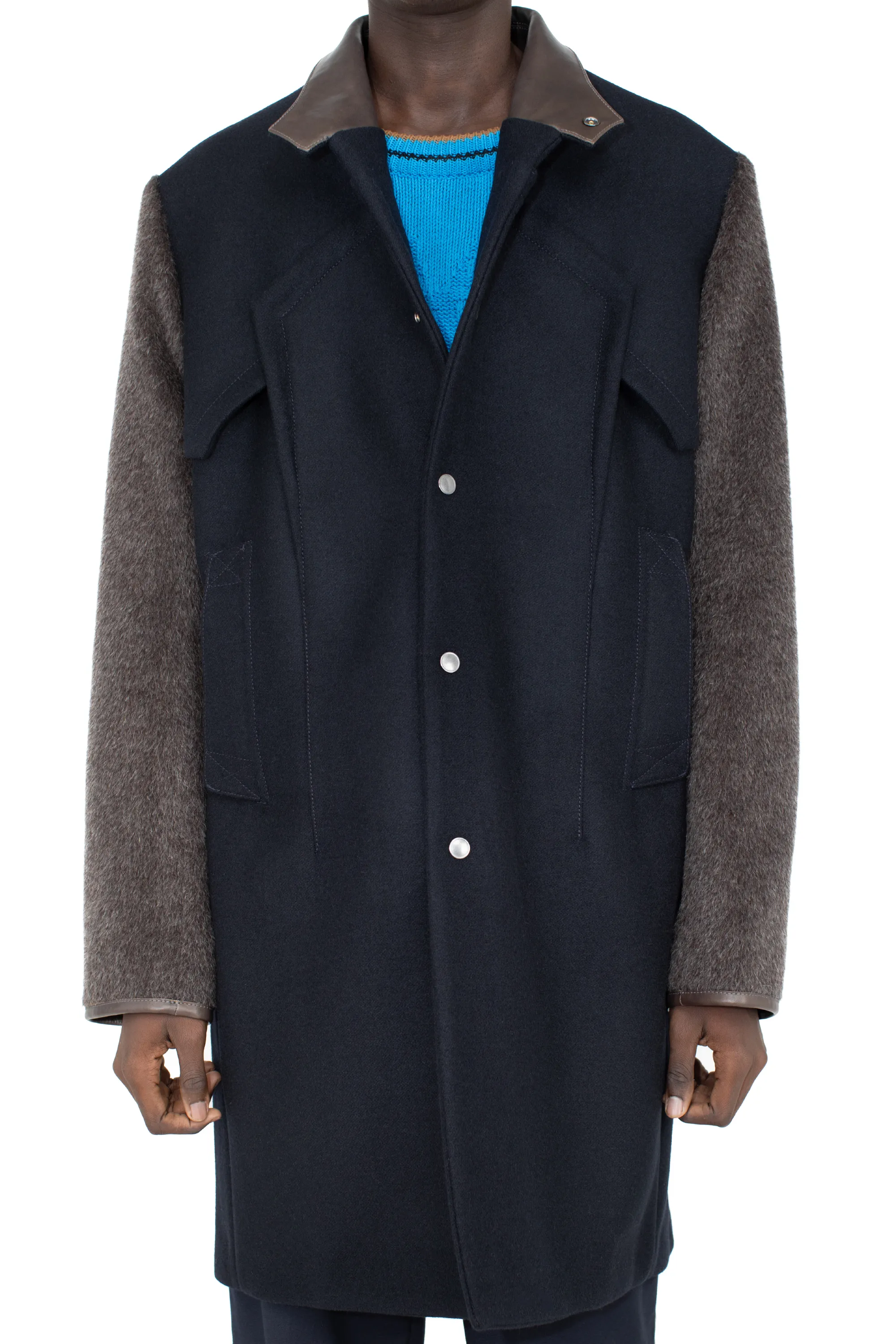 KIKO KOSTADINOV KRANER WOOL COAT - ROYAL BLUE/SMOKE GREY/WASHED BROWN