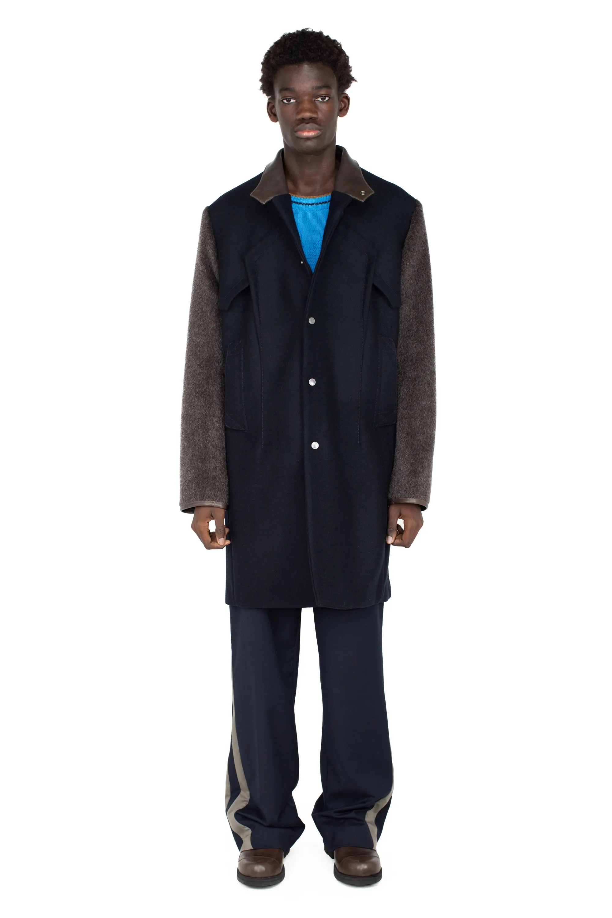 KIKO KOSTADINOV KRANER WOOL COAT - ROYAL BLUE/SMOKE GREY/WASHED BROWN
