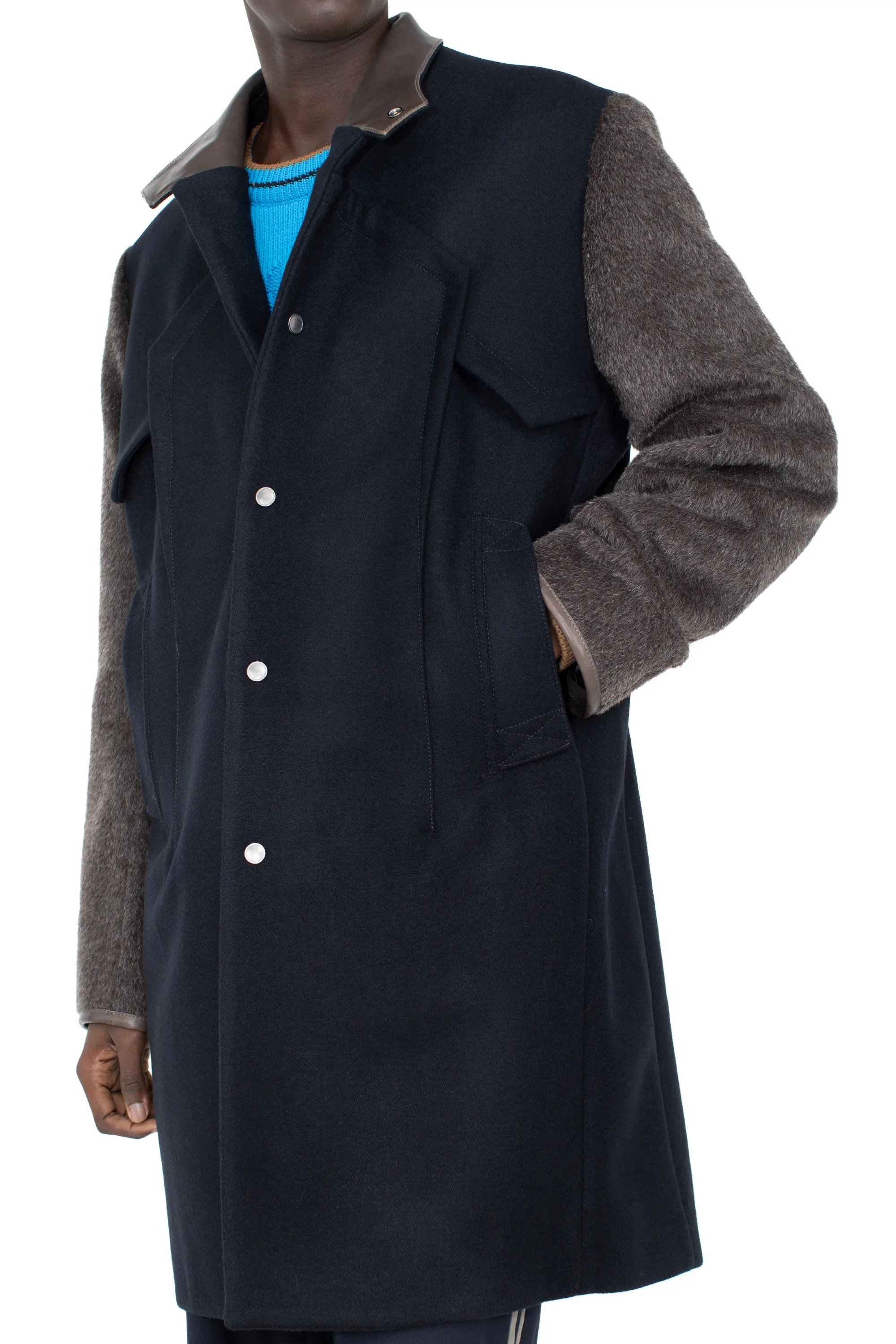 KIKO KOSTADINOV KRANER WOOL COAT - ROYAL BLUE/SMOKE GREY/WASHED BROWN