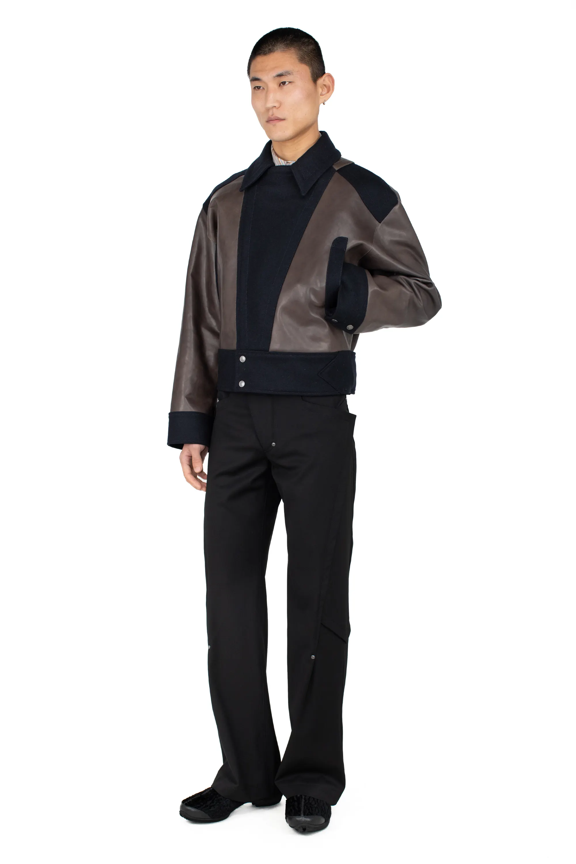 KIKO KOSTADINOV ORVOS LEATHER HYBRID JACKET - SMOKE GREY/ROYAL BLUE