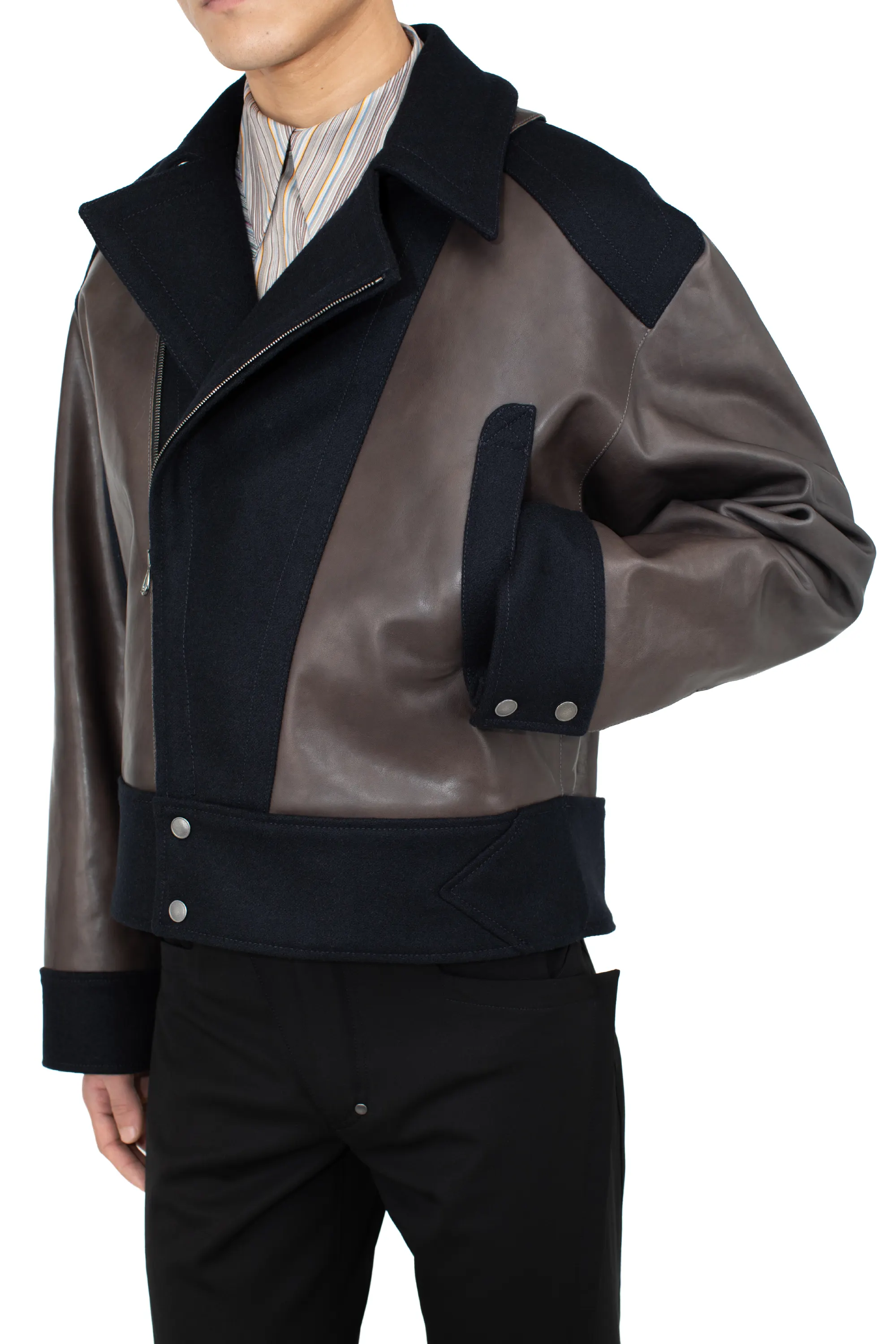 KIKO KOSTADINOV ORVOS LEATHER HYBRID JACKET - SMOKE GREY/ROYAL BLUE