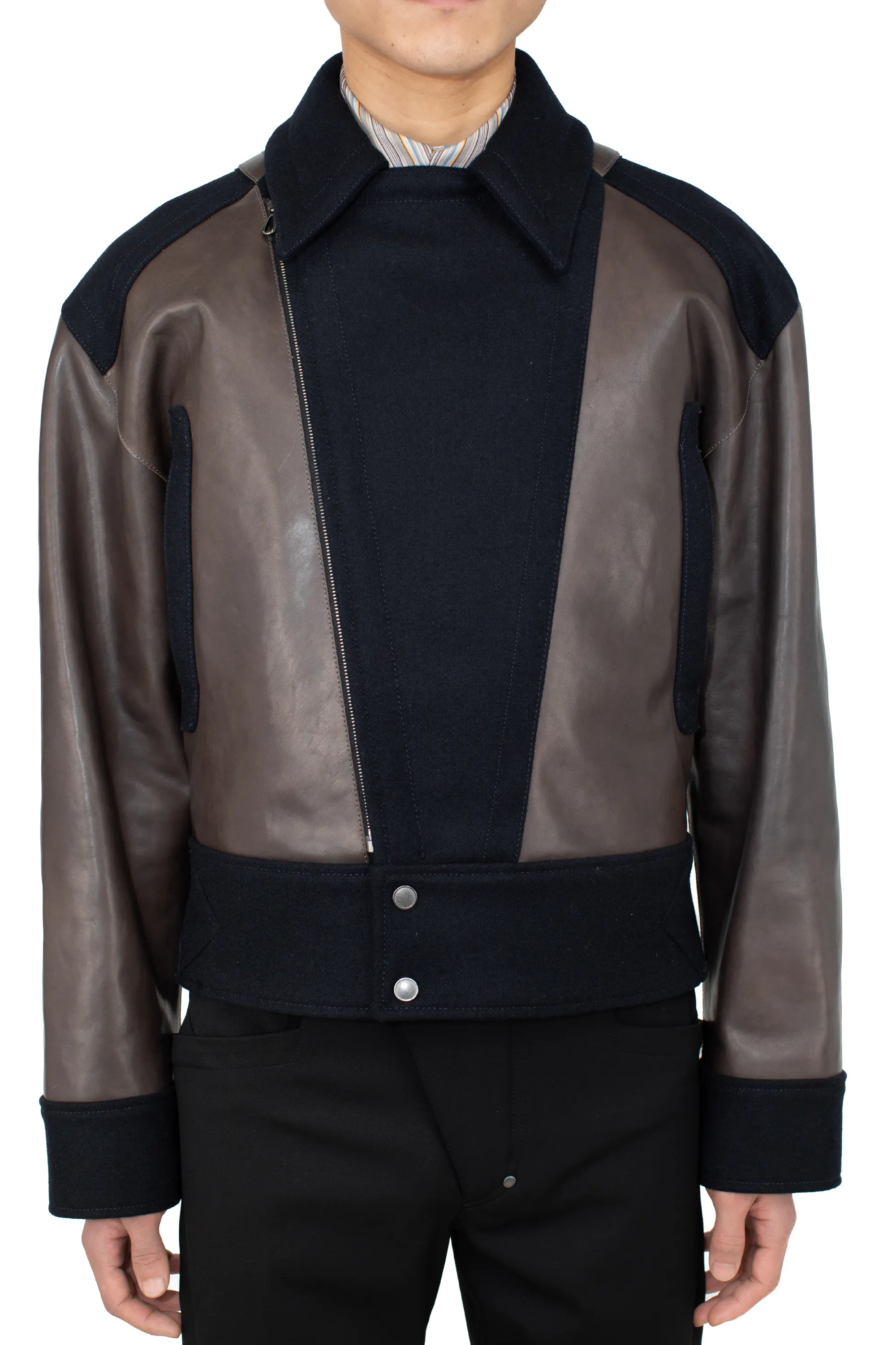 KIKO KOSTADINOV ORVOS LEATHER HYBRID JACKET - SMOKE GREY/ROYAL BLUE