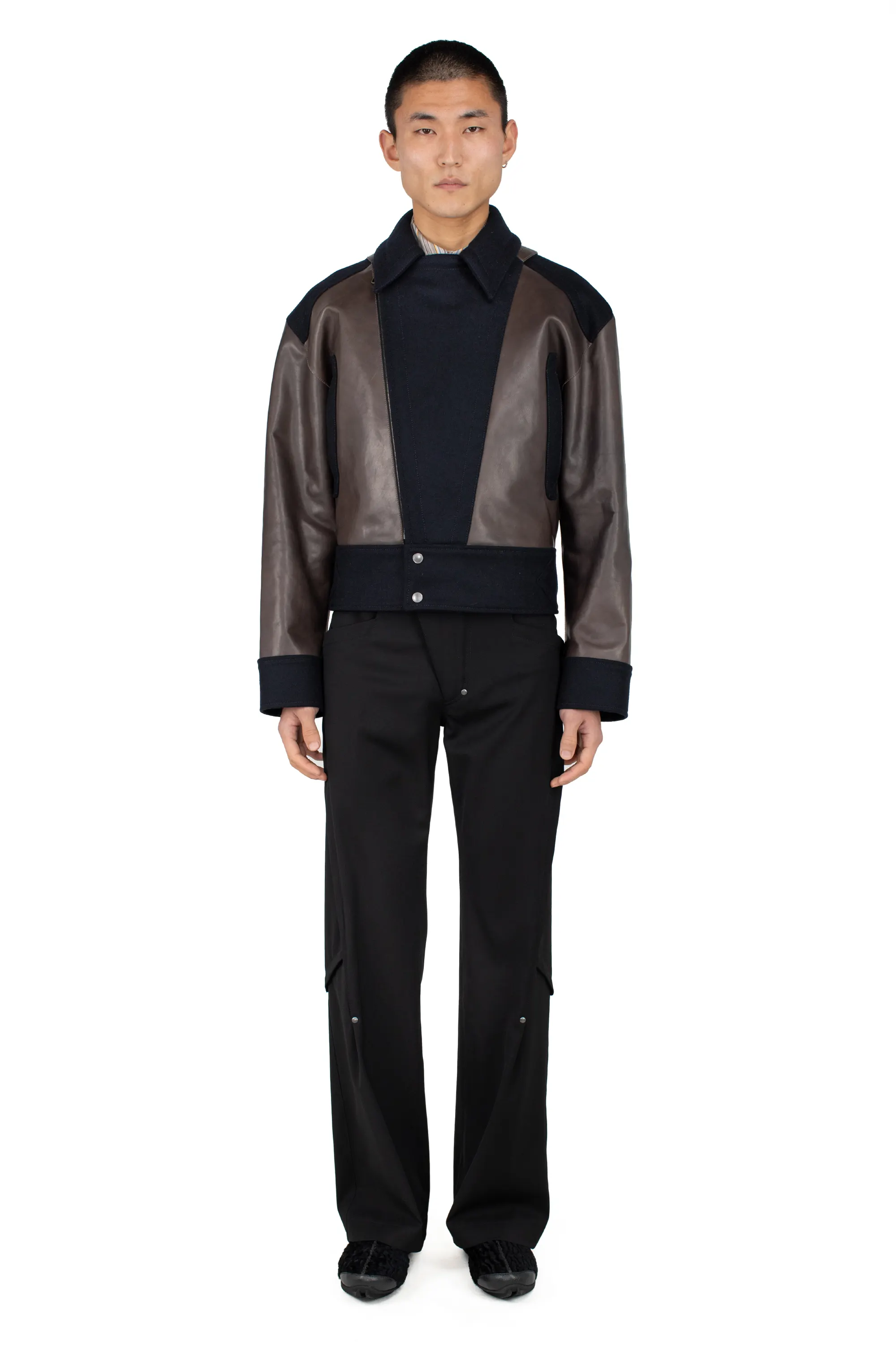KIKO KOSTADINOV ORVOS LEATHER HYBRID JACKET - SMOKE GREY/ROYAL BLUE