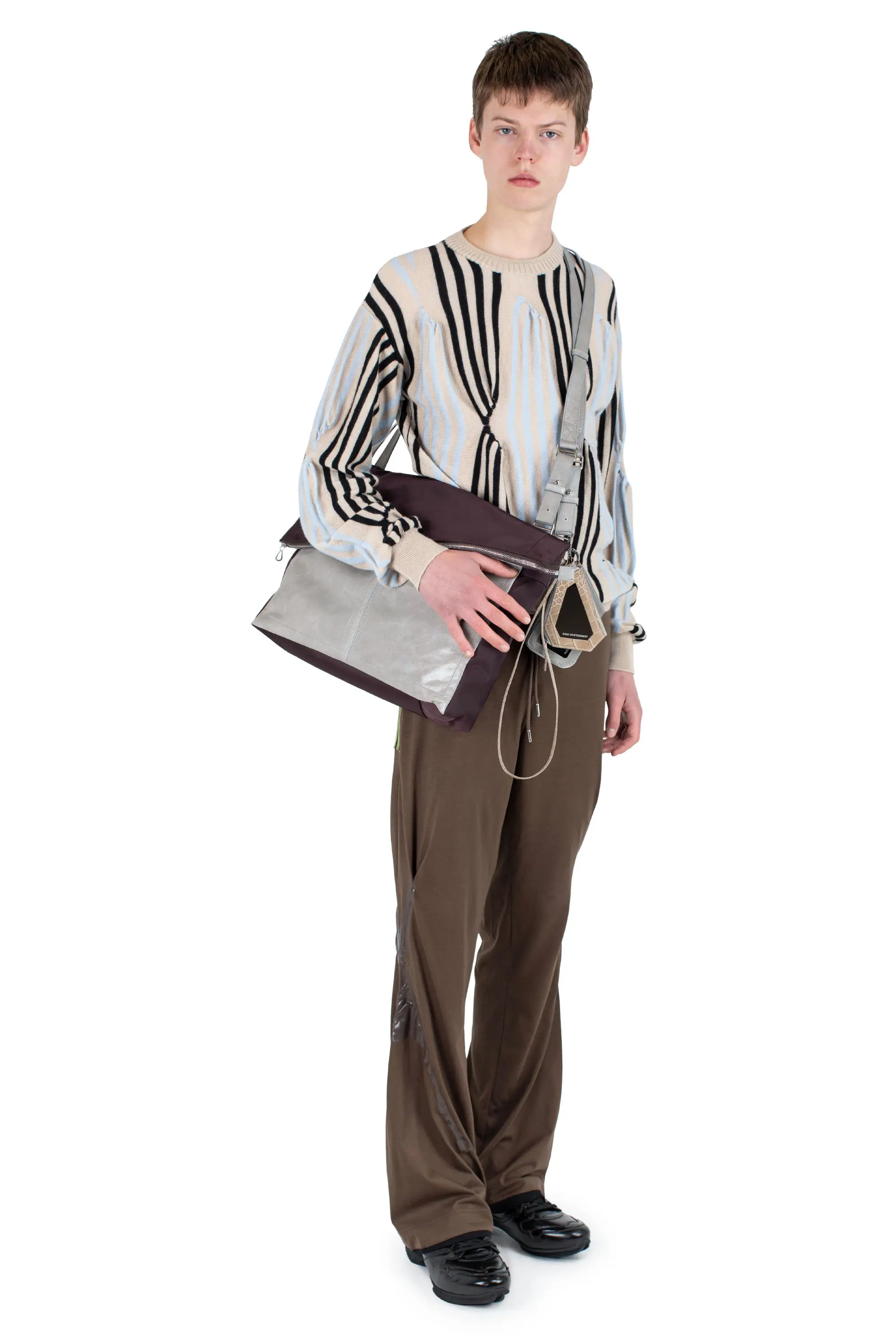 KIKO KOSTADINOV ALEC K-DART JERSEY TROUSER - BROWN / BLACK & GREEN STRIPES