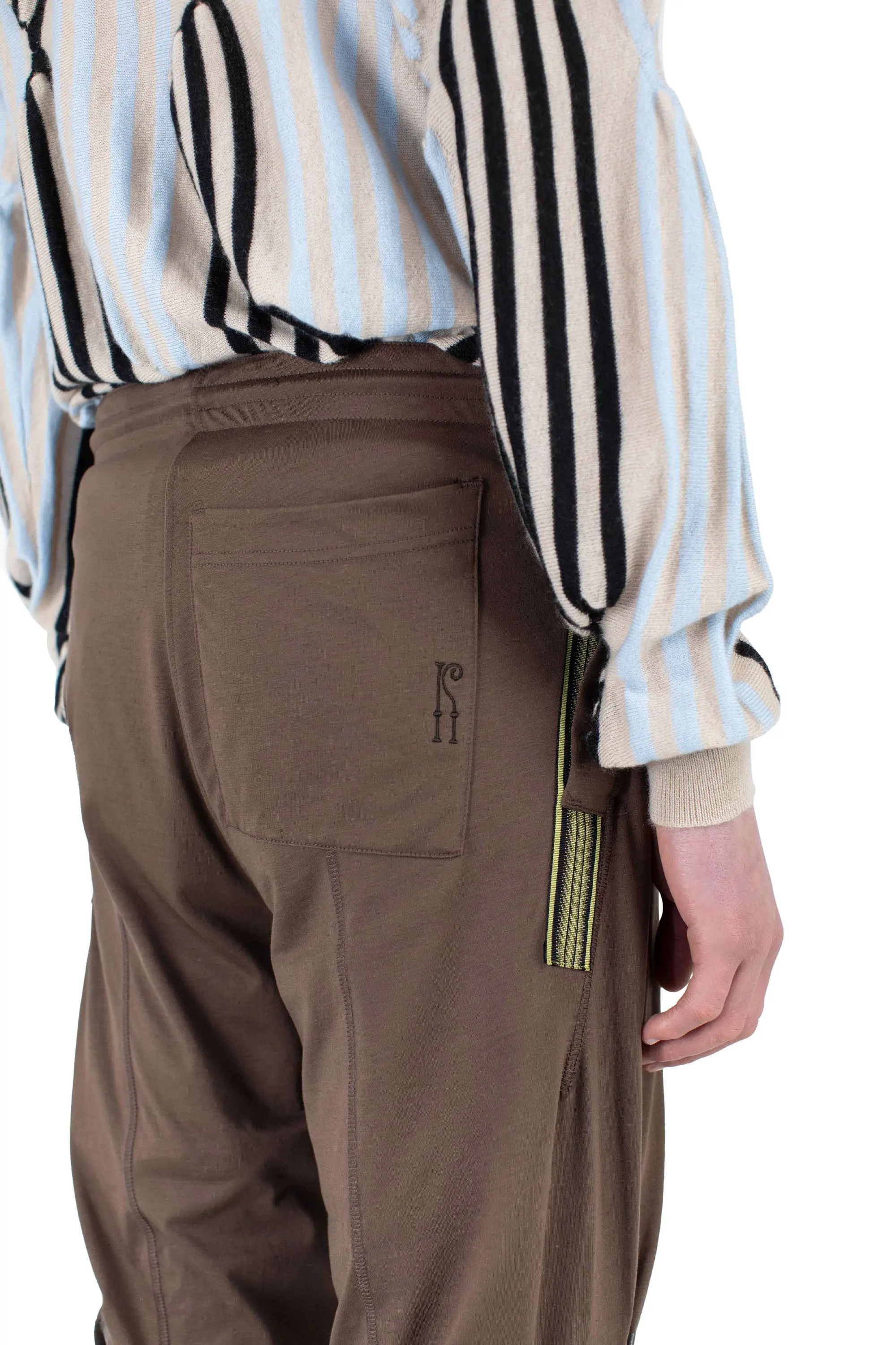 KIKO KOSTADINOV ALEC K-DART JERSEY TROUSER - BROWN / BLACK & GREEN STRIPES