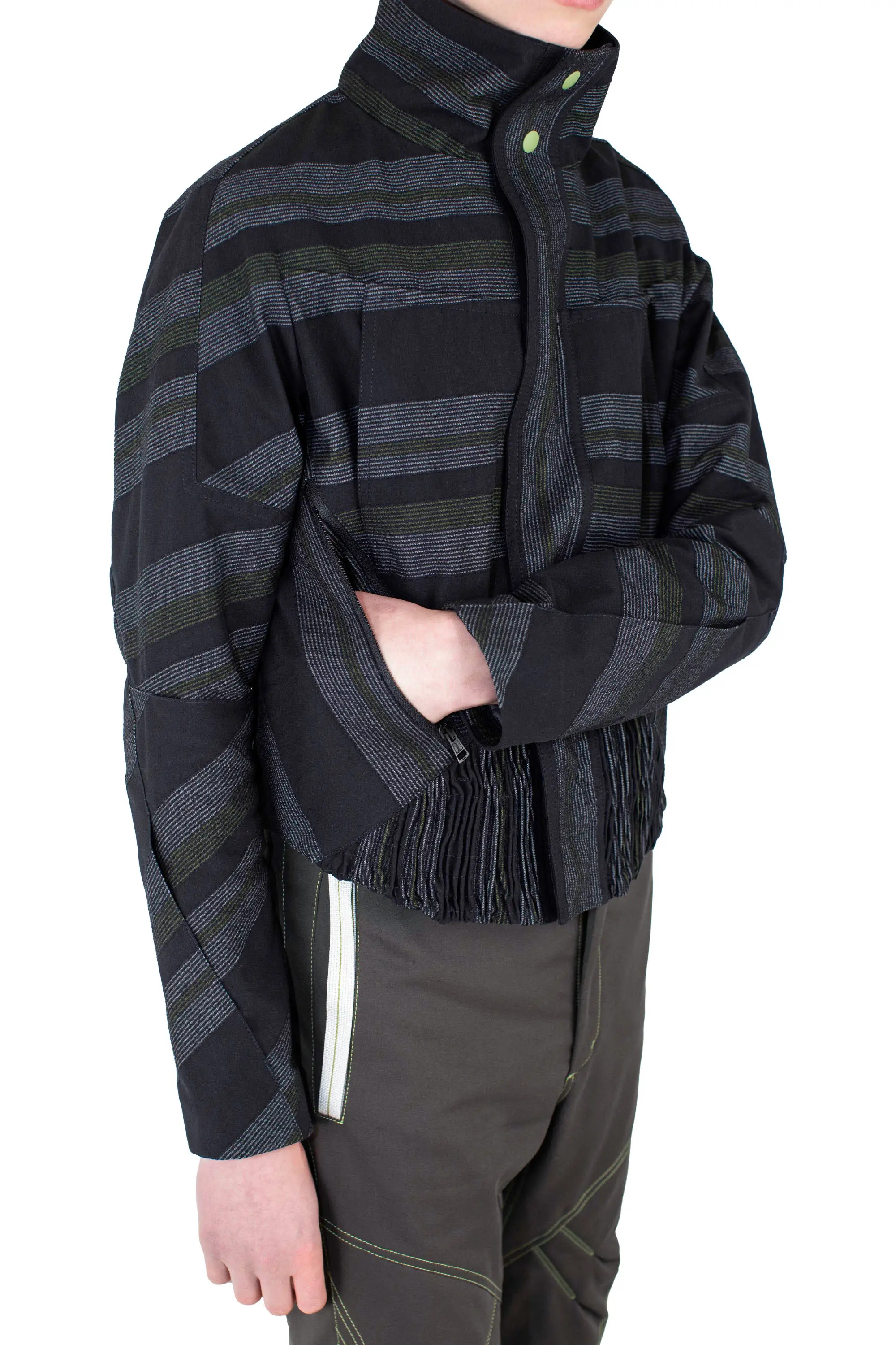 KIKO KOSTADINOV ZAFAR CROPPED JACKET - BLACK / GREY & GREEN
