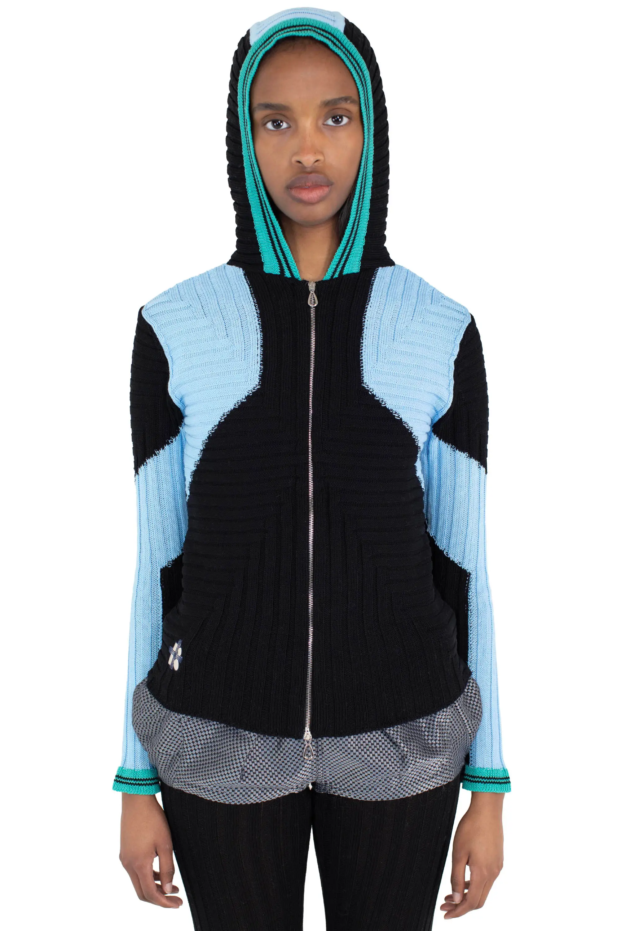 KIKO KOSTADINOV QUIMBY FITTED HOODED KNIT - CARBON BLACK/TROPICAL BLUE