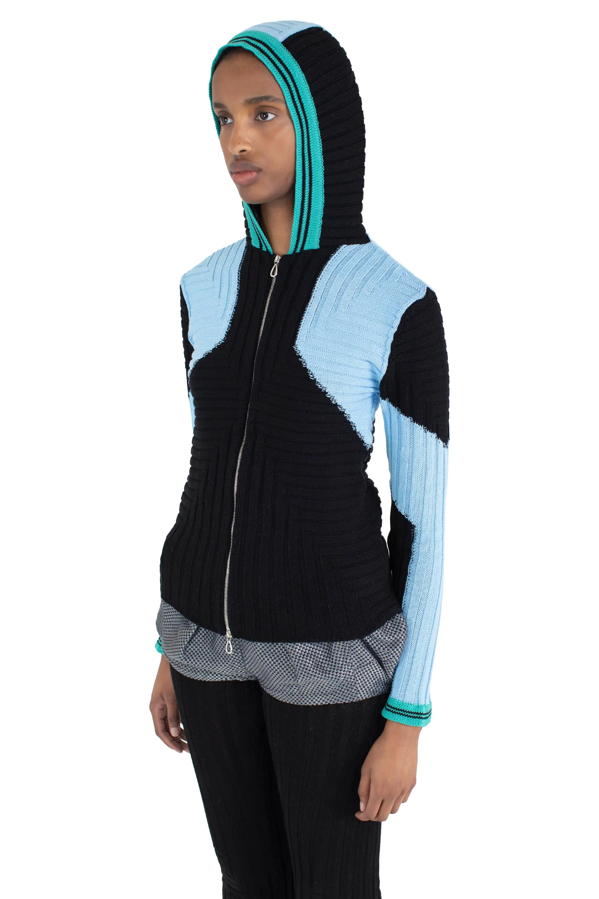 KIKO KOSTADINOV QUIMBY FITTED HOODED KNIT - CARBON BLACK/TROPICAL BLUE