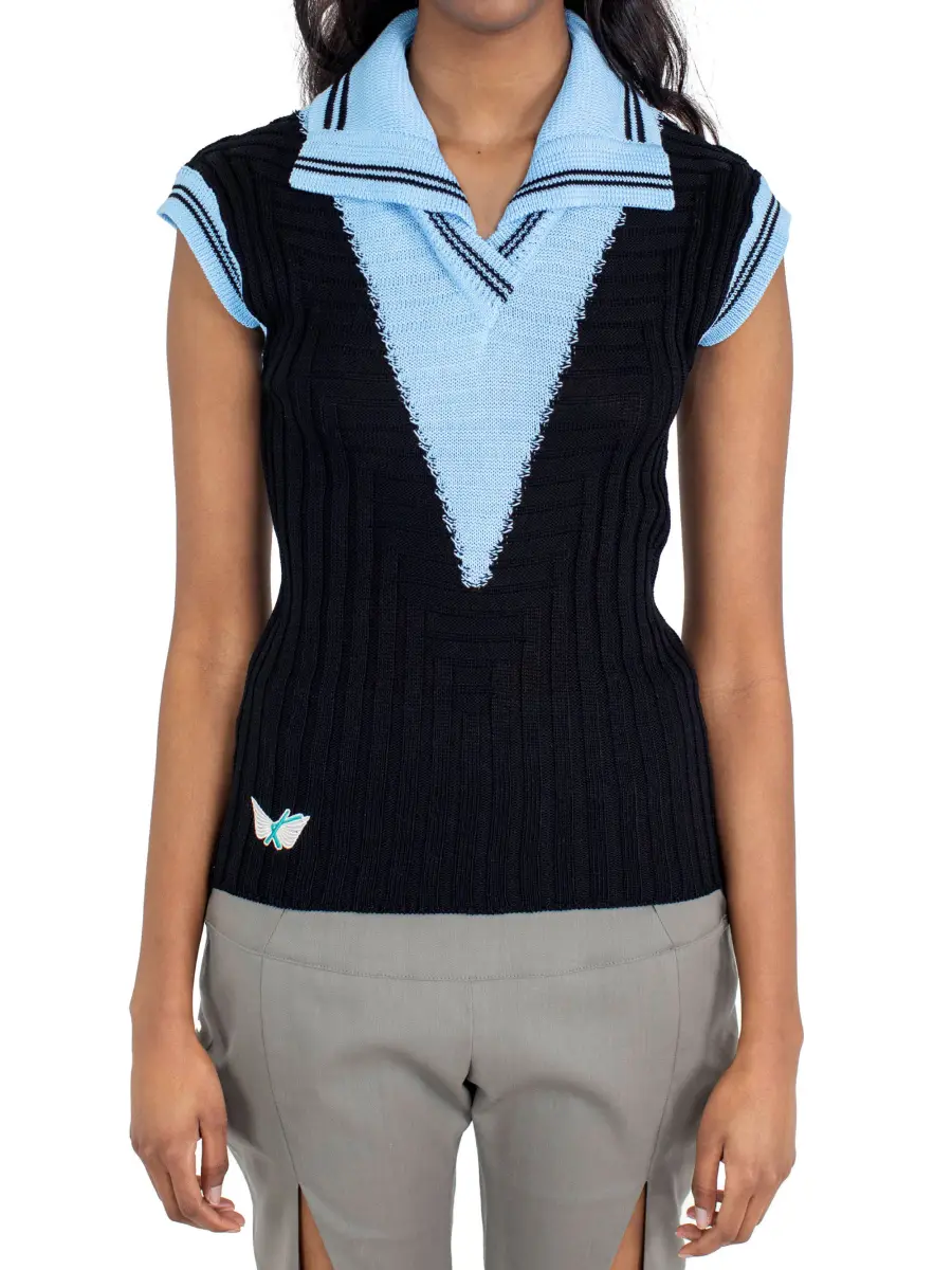 KIKO KOSTADINOV QUIMBY SLEEVELESS KNIT POLO - CARBON BLACK/TROPICAL BLUE