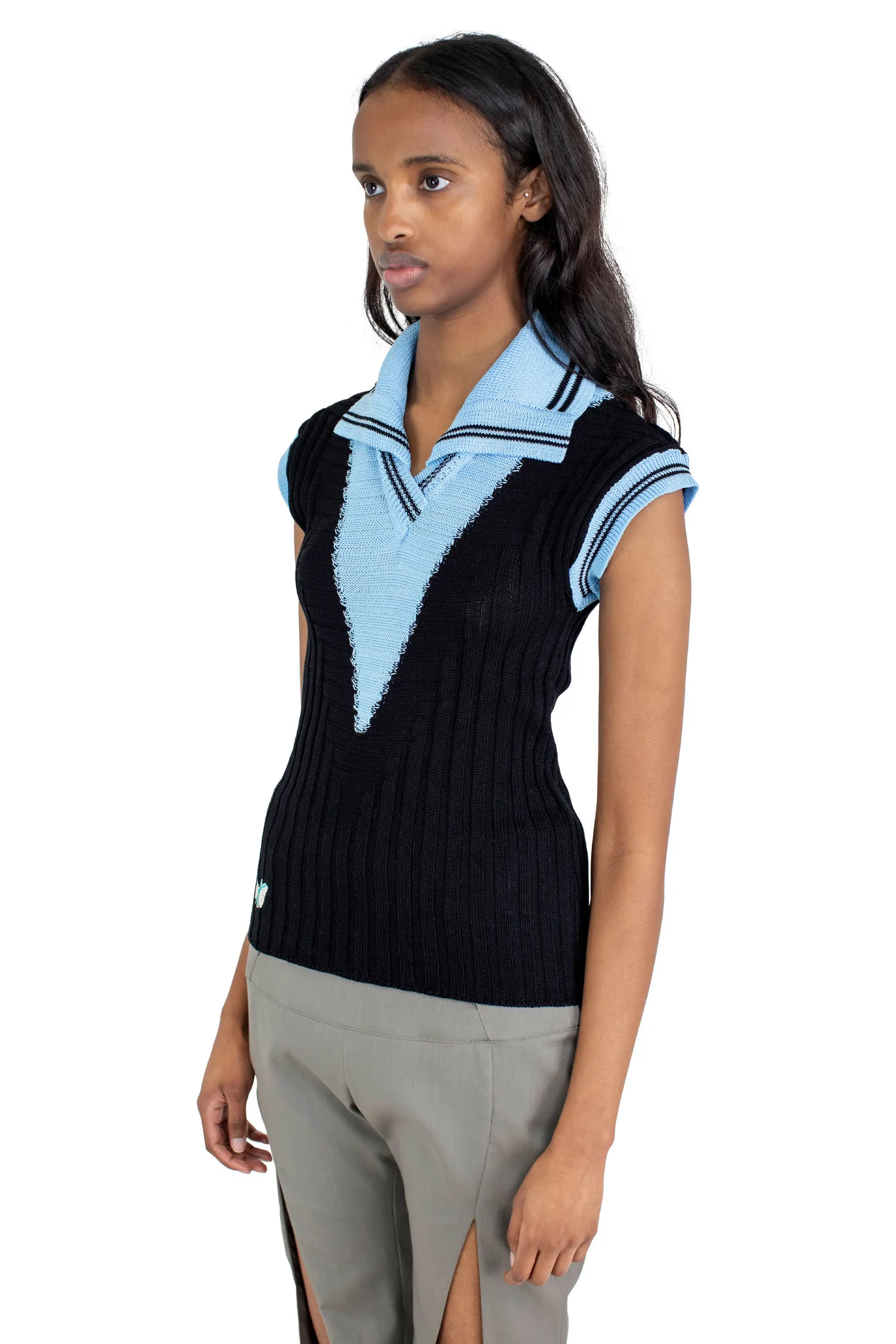 KIKO KOSTADINOV QUIMBY SLEEVELESS KNIT POLO - CARBON BLACK/TROPICAL BLUE