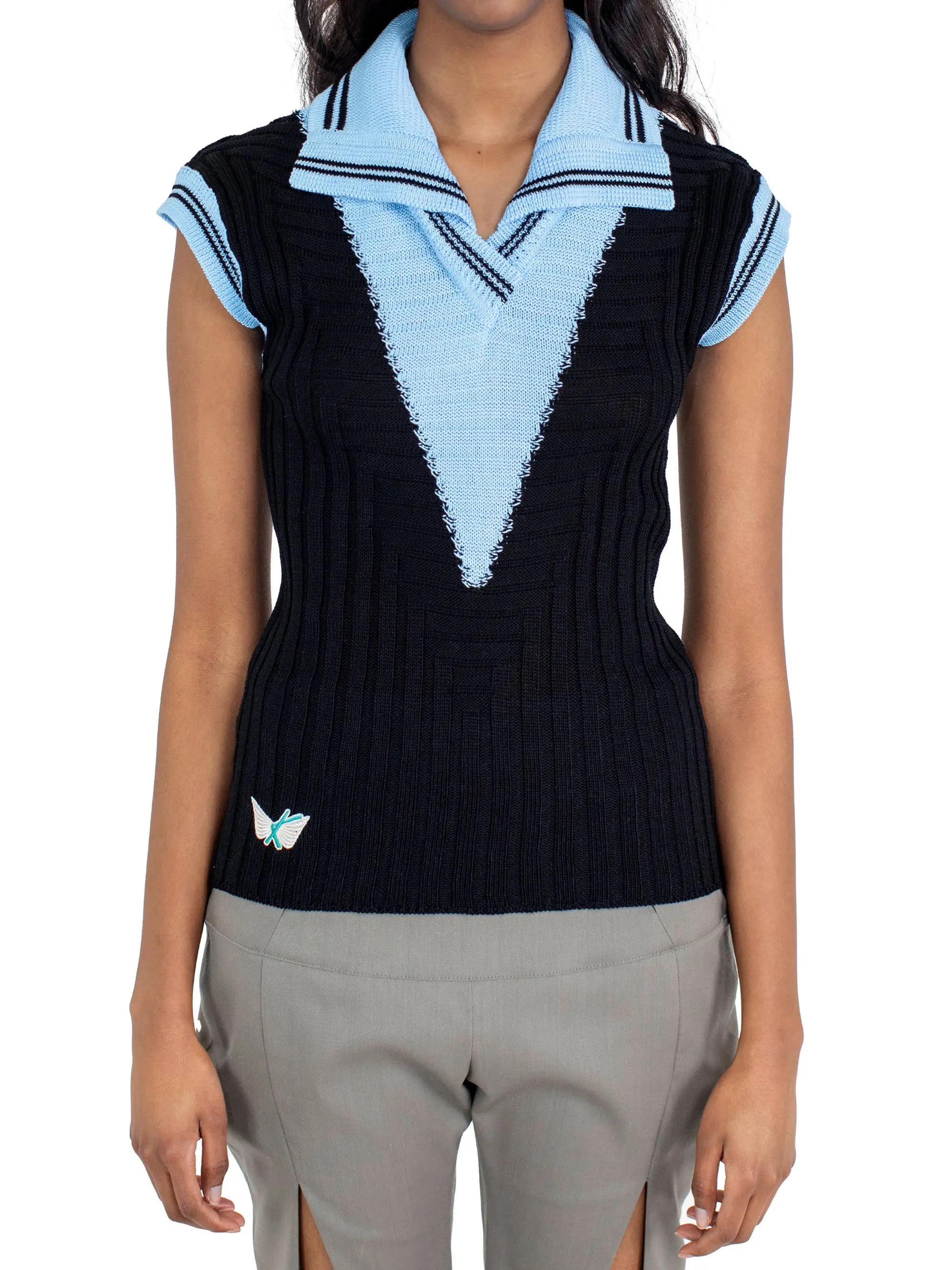 KIKO KOSTADINOV QUIMBY SLEEVELESS KNIT POLO - CARBON BLACK/TROPICAL BLUE