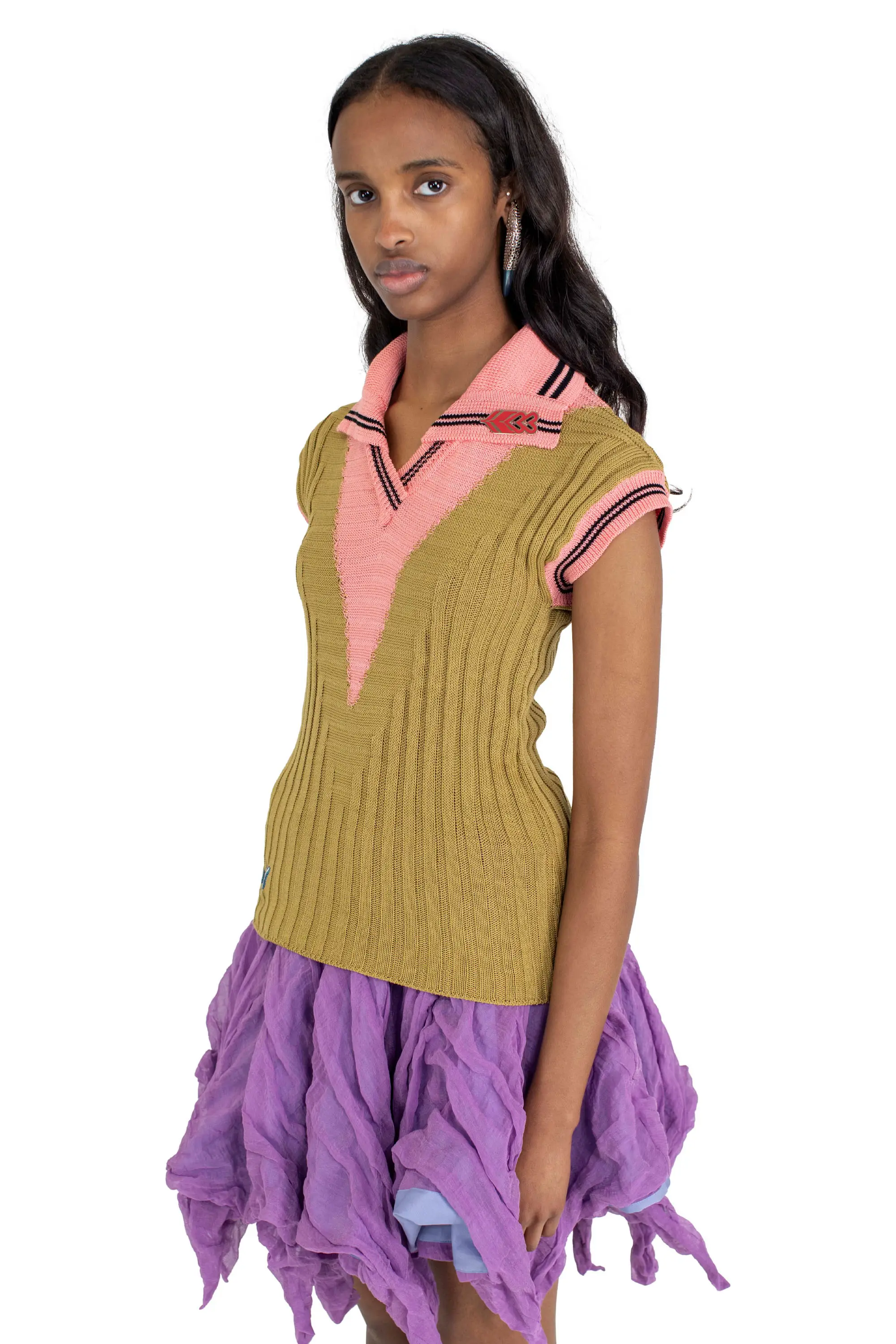 KIKO KOSTADINOV QUIMBY SLEEVELESS KNIT POLO - OCHRE/CORAL PINK