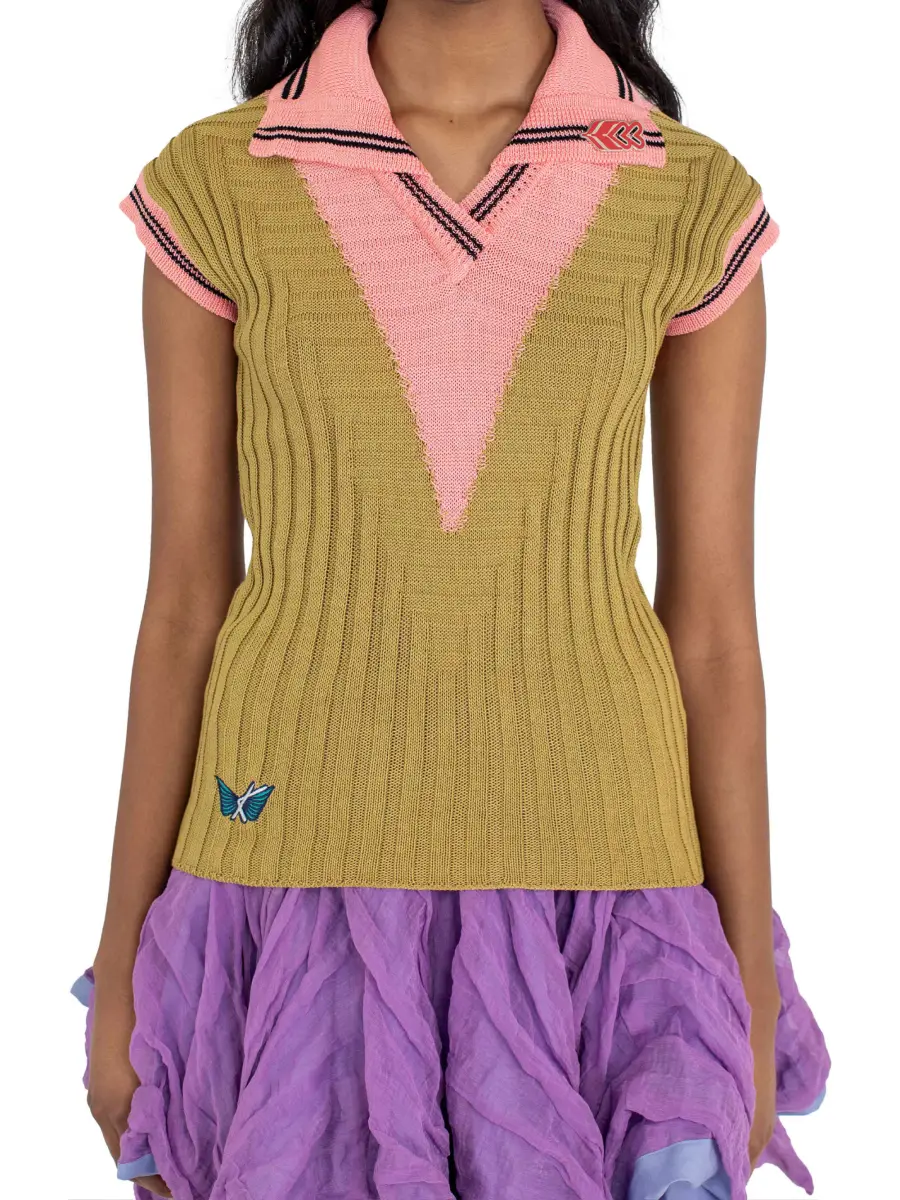 KIKO KOSTADINOV QUIMBY SLEEVELESS KNIT POLO - OCHRE/CORAL PINK